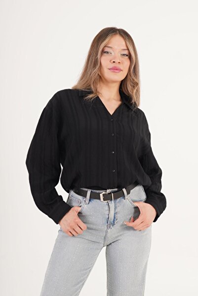 Hipo Trend Μαύρο λινό πουκάμισο με ρίγες και λαιμόκοψη V