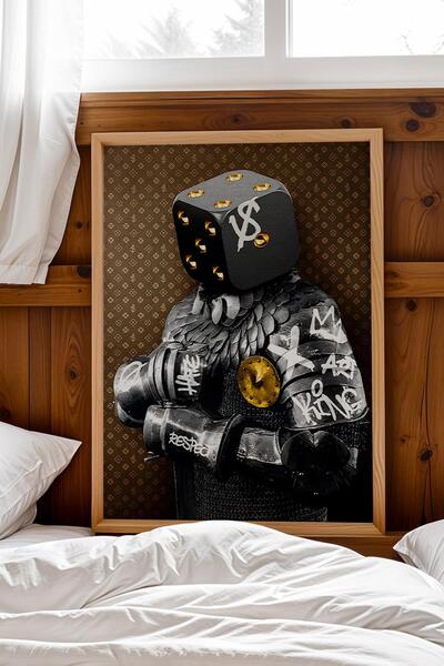 Saturn Брониран средновековен рицар с шлем, картина в рамка, декорация за каф...