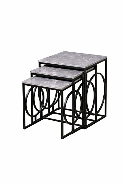 Riyes Tasarım Halka Model 3’lü Zigon Sehpa Seti – Siyah Metal Ayaklı