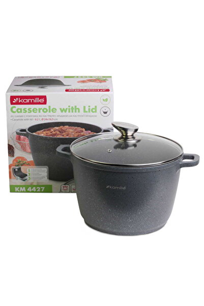 Kamille Granite Pot with Glass Lid, Aluminum/Granite, 6.2 L, 24 cm, Grey/Tran...