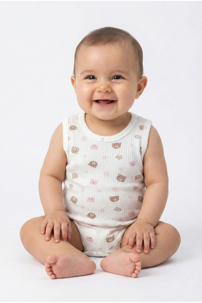 Noone Teddy Bear Patterned Camisole Strap Baby Bodysuit - 100% Cotton Soft Ri...