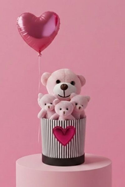 Livra Gift Pembe Kalp Balonlu Peluş Ayıcık Buketi & Özel Seri Kalp Logolu Hed...
