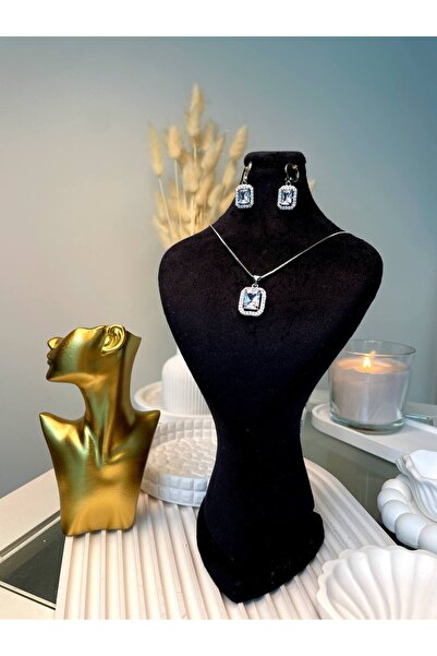 Luxiva Gümüş kaplama premium zirkon taşlı kolye küpe takı hediye seti