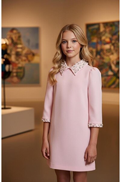 Hilal Akıncı Kids Fakir Girl's Dress with Stone Decor on the Collar and Sleeves