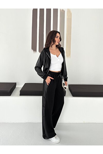 Gugus Women's Modal Fabric Satin Garnished Hooded Wide Leg Tracksuit Set