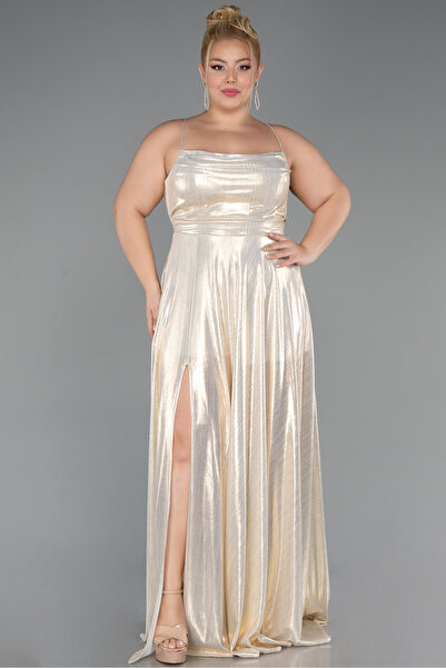 Abiyefon Gold Bacak Dekolteli Uzun Parlak Kumaş Büyük Beden Abiye ABU5357