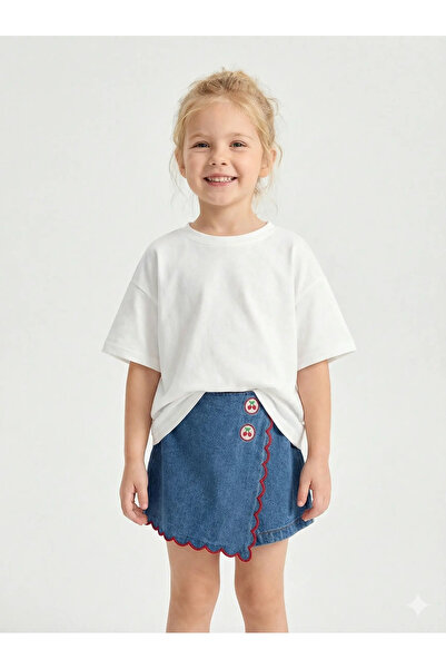 Alarteks Kız Çocuk Pamuklu Denim Şort Etek-Kiraz Nakışlı