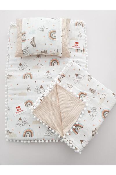 ilkimbebe Cloud and Rainbow Pompom Pique Baby Blanket 3-Piece Set