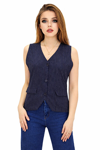 cheen Дамско тъмносиньо сако с V-образно деколте, райета отпред и копчета, в ...