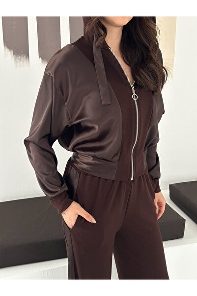 Gugus Women's Modal Fabric Satin Garnished Hooded Wide Leg Tracksuit Set