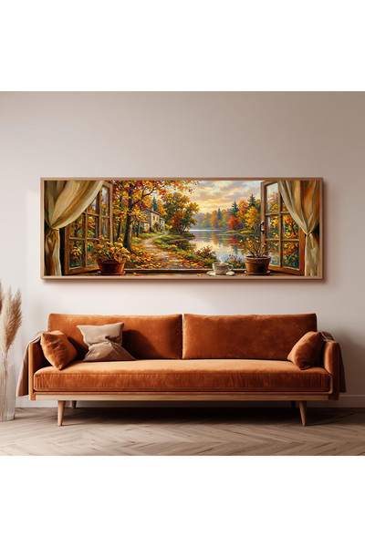 Dekorsiahome Ahşap Çerçeveli Panoramik Oturma Odası Salon Tablosu UZ0173