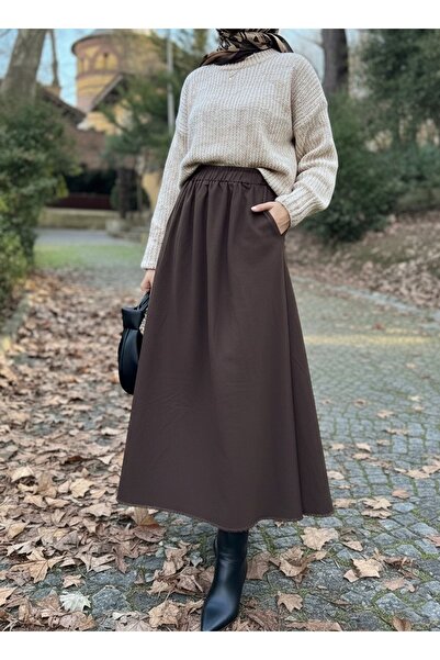 Foremia Pocketed Elastic Waist Skirt-Brown