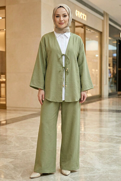 Kirazgym Women's Tie-Front Kimono Pants Set - Khaki