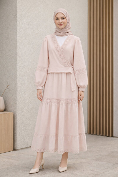 Kirazgym Tied Sleeve Elastic Lace Detailed Skirt Suit - Beige