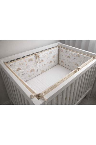 Jaju Baby 90x190 cm Çift Taraflı Beşik Koruma – Bej & Gökkuşağı Desenli (Bağc...