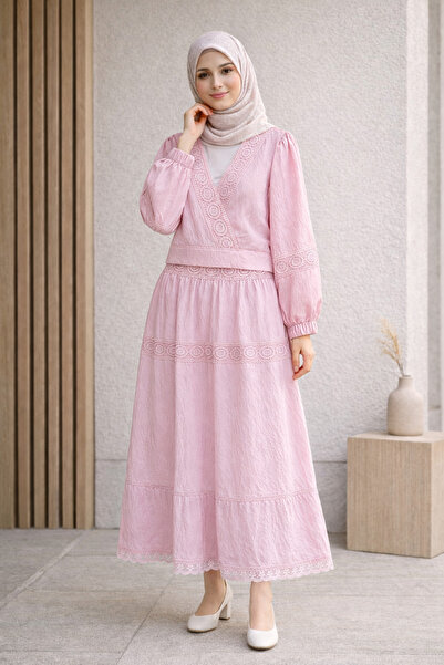 Kirazgym Tie-Back Sleeve Elastic Lace Detailed Skirt Set - Pink