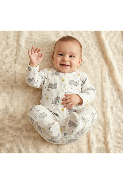 Süpermini Gri Ayı Manşetli Bebek Tulum – %100 Pamuk, Yumuşak ve Sevimli 6-9 A...