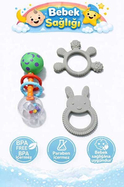 CKM silikon 3’lü Bebek Diş Kaşıyıcı Seti (Parmak + Tavşan + Galaksi Çıngırak)