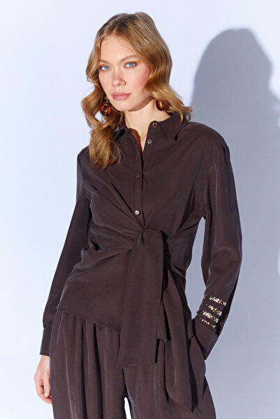 Manche Риза с детайли и колан в цвят кафе | MKS1610461-1