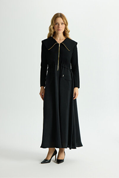 MISS DALIDA Fermuar Detaylı Yüksek Yakalı Cupro Elbise Siyah