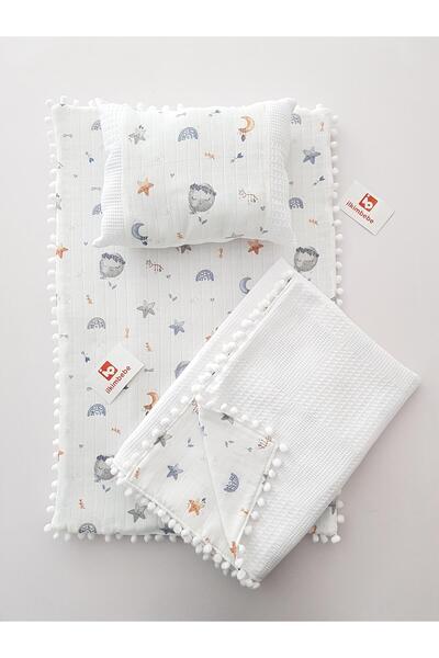 ilkimbebe Dolunay Pompom Pique Baby Blanket 3-Piece Diaper Set
