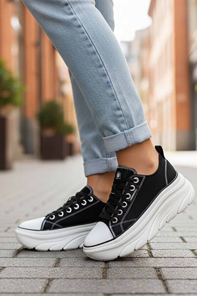lumberjack Black and White Contrast Sneaker - Women's Shoes with Thick Sole f...
