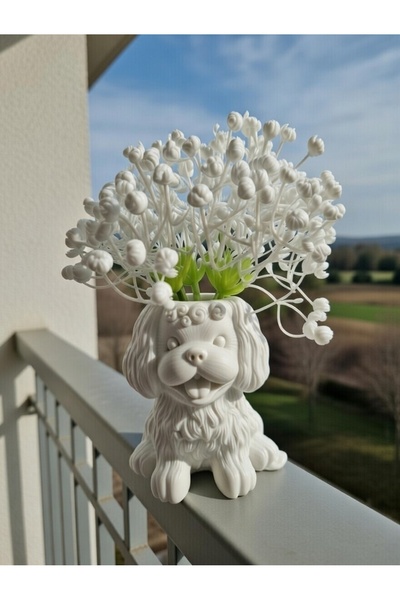 Toleys El Yapımı Dekoratif Alçı Köpek Figürlü Vazo - Modern Beyaz Biblo (çiçe...