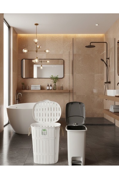 Buclee Bambu Görünümlü Halatlı Çamaşır Sepeti 65 Lt Ve Pedallı İç Kovalı 40 L...