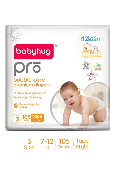 Babyhug Pro Bubble Care Premium Tape Style Diapers, Medium, Size 3 - 105 Pieces