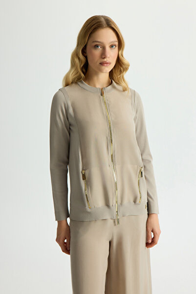 MISS DALIDA Fermuarlı Cupro Detaylı Triko Ceket Stone