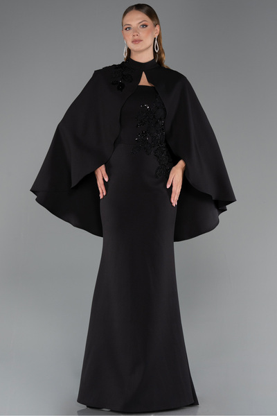 Abiyefon Siyah İşlemeli Straplez Yaka Pelerinli Uzun Balık Abiye ABU5485