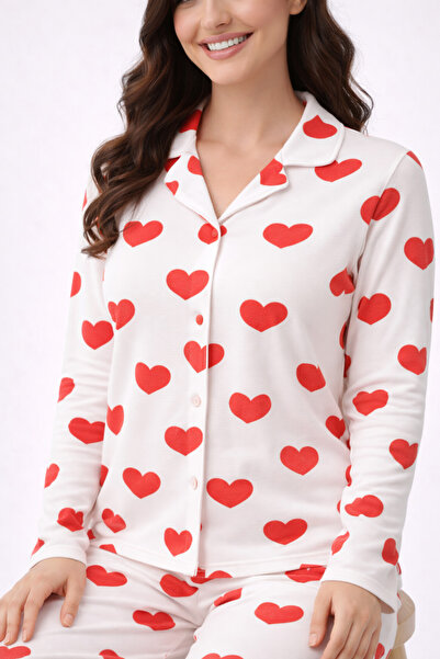 sleeproom Red Heart Pattern Buttoned Long Sleeve Women's Pajamas Set