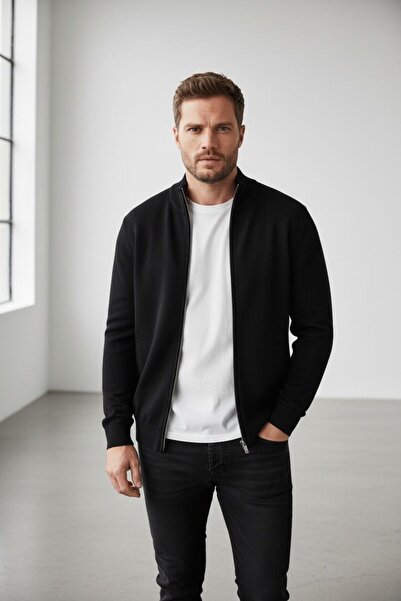 Sarar Interview Zippered Half Turtleneck Rayon Navy Blue Knitwear Cardigan wi...