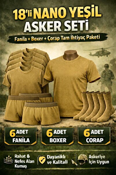 QULAT 18’li Nano Yeşil Bedelli Asker Seti – 6 Fanila 6 Boxer 6 Çorap Tam İhti...