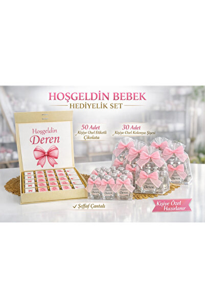 ALAZ TASARIM HOBİ Kişiye Özel Hoşgeldin Bebek Çikolatası 50 Adet + 30 Adet İs...
