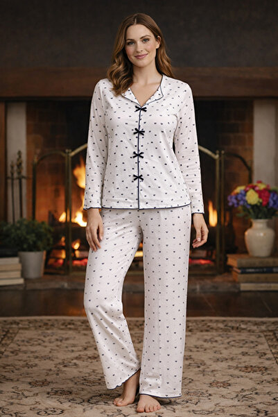 Vesperia Kadın Kalpli Fiyonklu Pijama Takımı Cotton Kumaş