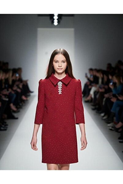 Hilal Akıncı Kids Girl's Stone Brooch Detailed Fakir Sleeve Dress