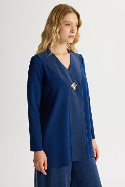 MISS DALIDA Broş Detaylı V Yaka Ceket Navy