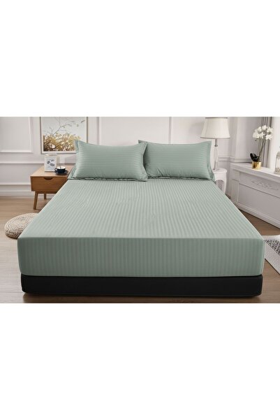 Cuvertură de pat cu elastic + 2 fețe de pernă, 180x200 cm, damasc din bumbac , culoare verde mentă miniatura 2