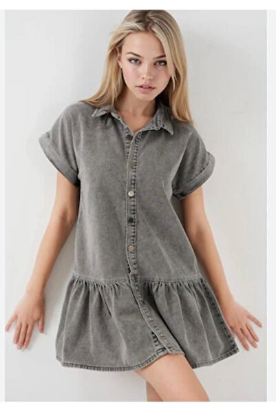 Bigdart Short gray Denim dress with front buttons, classic collar and short r...