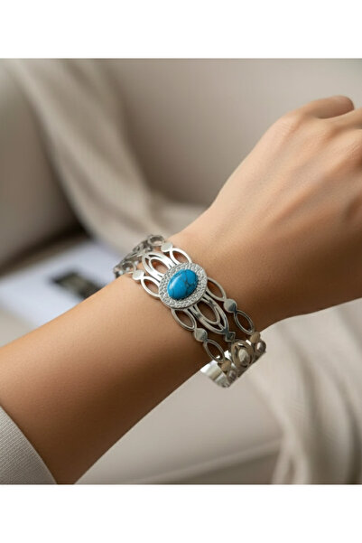 stainless steell Silver Color Large Blue Stone Motif Steel Handcuff Bracelet