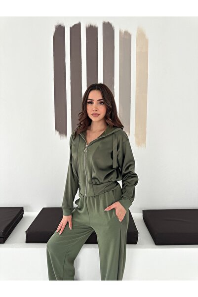 Gugus Women's Modal Fabric Satin Garnished Hooded Wide Leg Tracksuit Set
