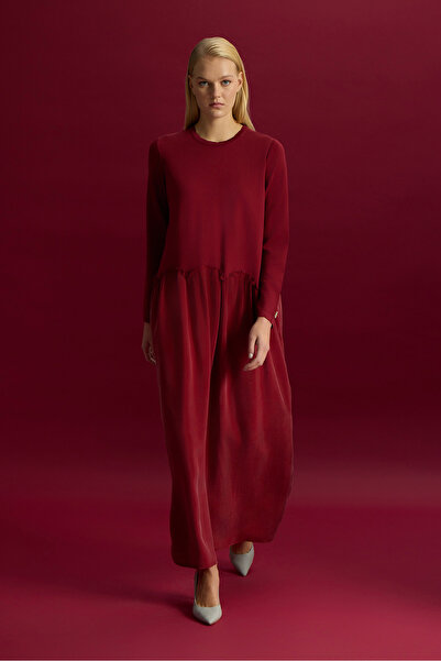 MISS DALIDA Büzgü Detaylı Triko Cupro Elbise Cherry