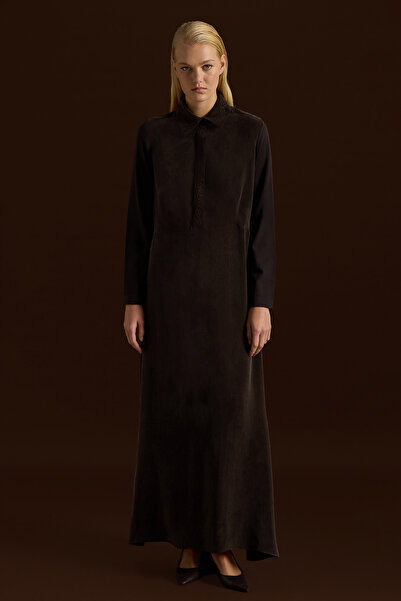 MISS DALIDA Gömlek Yaka Nakışlı Cupro Elbise Kahverengi