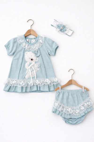 Kardeşler Bebe Lace Teddy Bear Baby Girl Dress Set – Set of 3 with Headband