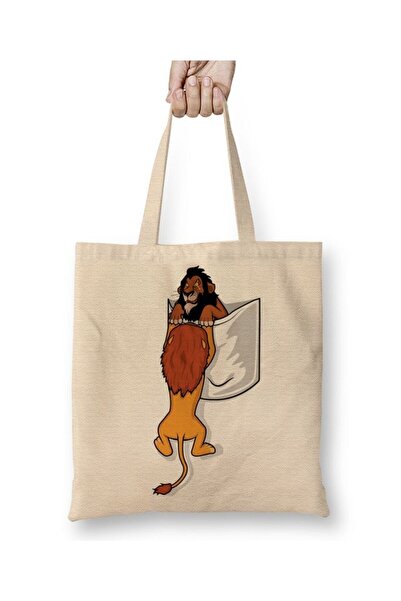 Toyaso Tiger Lion in Pocket White Cloth Bag Long Handle Shopping Bag Beach Bag