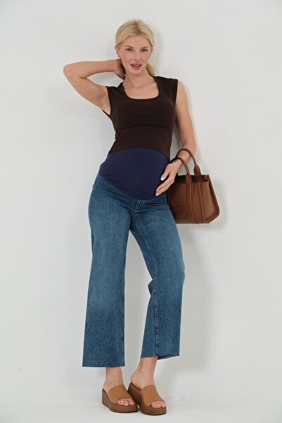 BUSA Maternity Stretchy Waistband Adjustable Wide Leg Jeans Blue