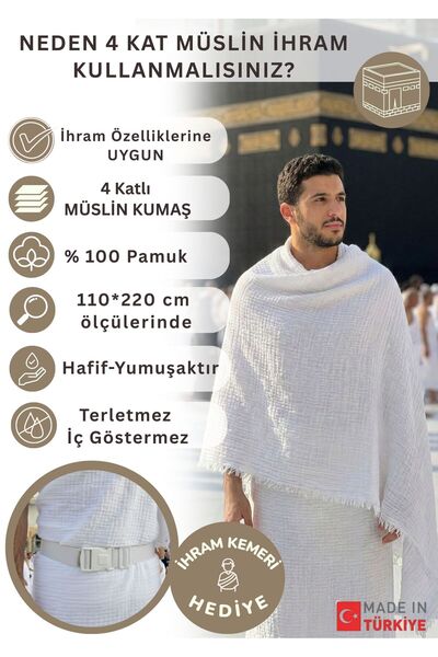 MUJO %100 Pamuk 4 Katlı Müslin İhram Takımı - İç Göstermez Hac-Umre Kıyafeti ...