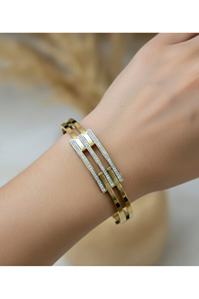 stainless steell gold renk 3 şeritli çelik kelepçe bileklik