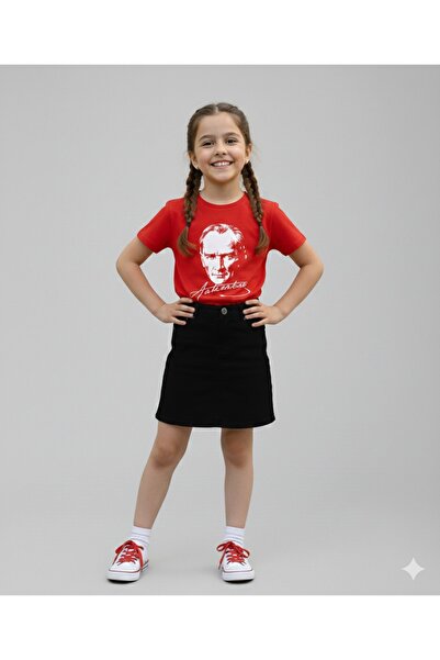 BLACK SWALLOW Set tricou cu imprimeu ATATURK și fustă de in pentru fete 23 AP...